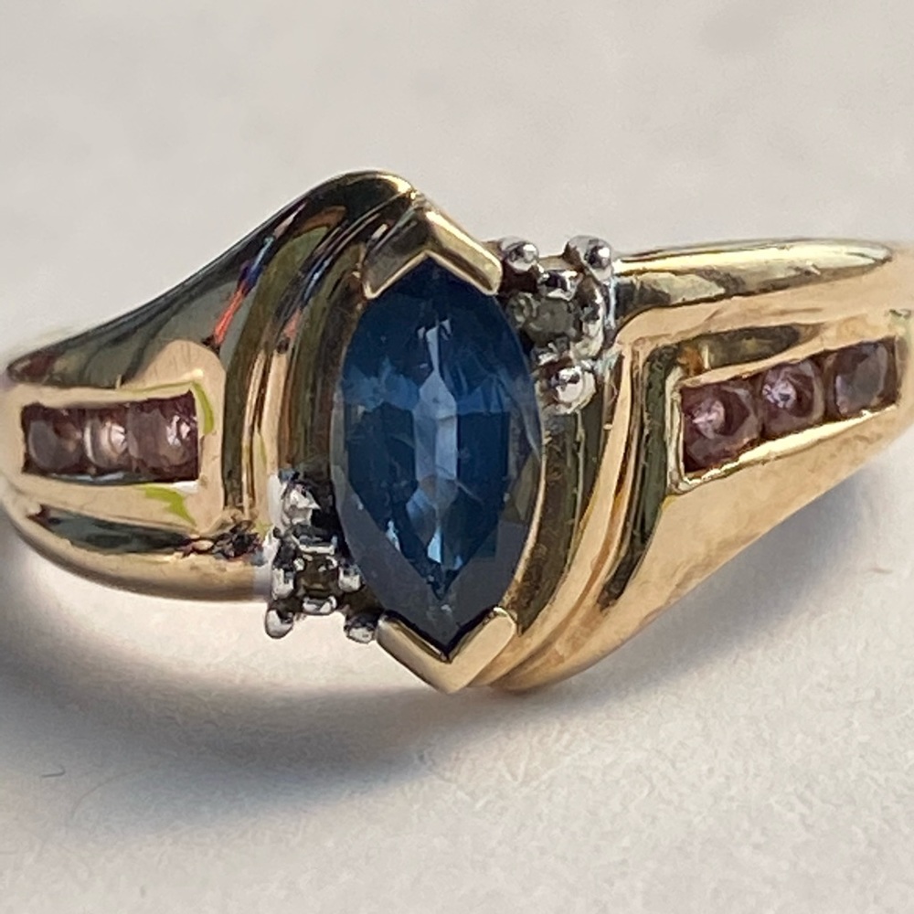 14k iolite and pink sapphire, 2 tiny diamonds ring